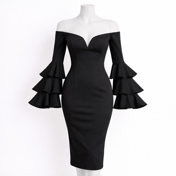 Symphony Black Off-Shoulder Midi Dress with Tiered Ruffle Sleeves - Picture 3 of 7
